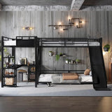 Metal Triple Bunk Beds with Slide, Desk and Storage Shelves, L-Shaped Twin XL Over Queen Bunk Bed with 2 Ladders and Guardrails for Kids Teens, Noise-Free Design (Black, Twin XL/Queen) CITYLIGHT