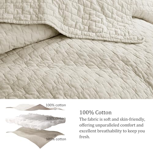 palassio Beige 100% Cotton Quilt King Size Bedding Sets with 2 Pillow Shams, Textured Lightweight Soft Bedspread Shabby Chic Coverlet, Neutral Quilted Comforter Bed Cover for All Season, 3 Pieces palassio