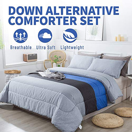 Andency Full Size Blue Comforter Set (79x90 Inch), 3 Pieces Gray and Blue Patchwork Striped Comforter, Soft Microfiber Down Alternative Comforter Bedding Set Bed in a Bag with Corner Loops Andency