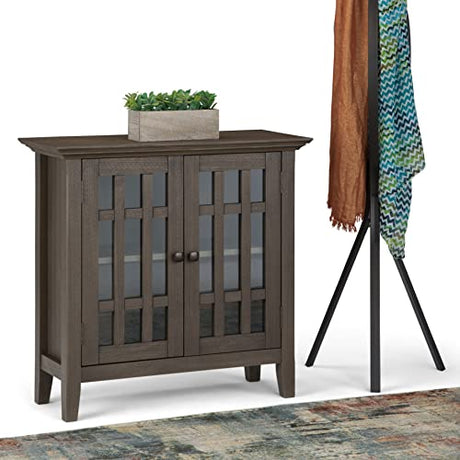 SIMPLIHOME Bedford SOLID WOOD 32 inch Wide Transitional Low Storage Media Cabinet in Farmhouse Grey for the Living Room, Entryway and Family Room SIMPLIHOME
