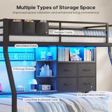 BTHFST Bunk Bed Twin Over Twin with 4 Storage Drawers & Shelves & Bedside Caddy, Twin Bunk Beds with Charging Station & LED Lights, Metal Loft Bed with Safety Guardrail & Angled Ladder, Black & Grey BTHFST