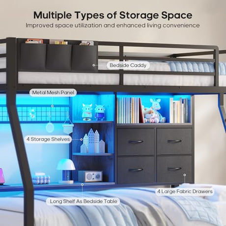BTHFST Bunk Bed Twin Over Twin with 4 Storage Drawers & Shelves & Bedside Caddy, Twin Bunk Beds with Charging Station & LED Lights, Metal Loft Bed with Safety Guardrail & Angled Ladder, Black & Grey BTHFST