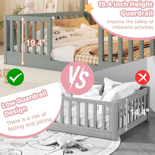Mirightone Full Floor Bed with High Rails, Wooden Montessori Bed Frame with Single Color Light and House Shape Design, Low Profile Beds for Kids, Boys and Girls, Grey Mirightone