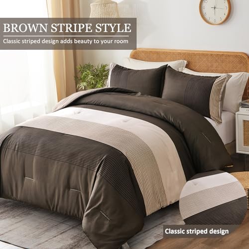 Brown Comforter Set Queen, Reversible Brown Striped Down Alternative Comforter for Queen Bed,3 Pieces (1 Comforter+2 Pillowcases), Soft Microfiber Bedding Duvet Set 90"×90" WONGS BEDDING