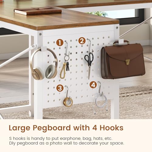 YIDUNLIFE L Shaped Desk, 67" Reversible Computer Desk with 4 Fabric Drawers and Power Outlet, Corner U Shaped Desks with Shelf and Pegboard for Home Office, Brown+White YIDUNLIFE