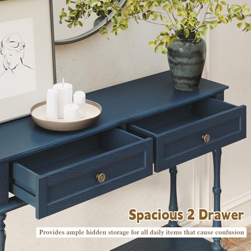 ARTPOWER Console Table for Entryway with 2 Drawers-Minimal Assembly,Blue Retro Entryway Table with Storage Cabinets and Open Shelf,Narrow Long Couch Table Behind Sofa for Living Room,Foyer,Hallway ARTPOWER