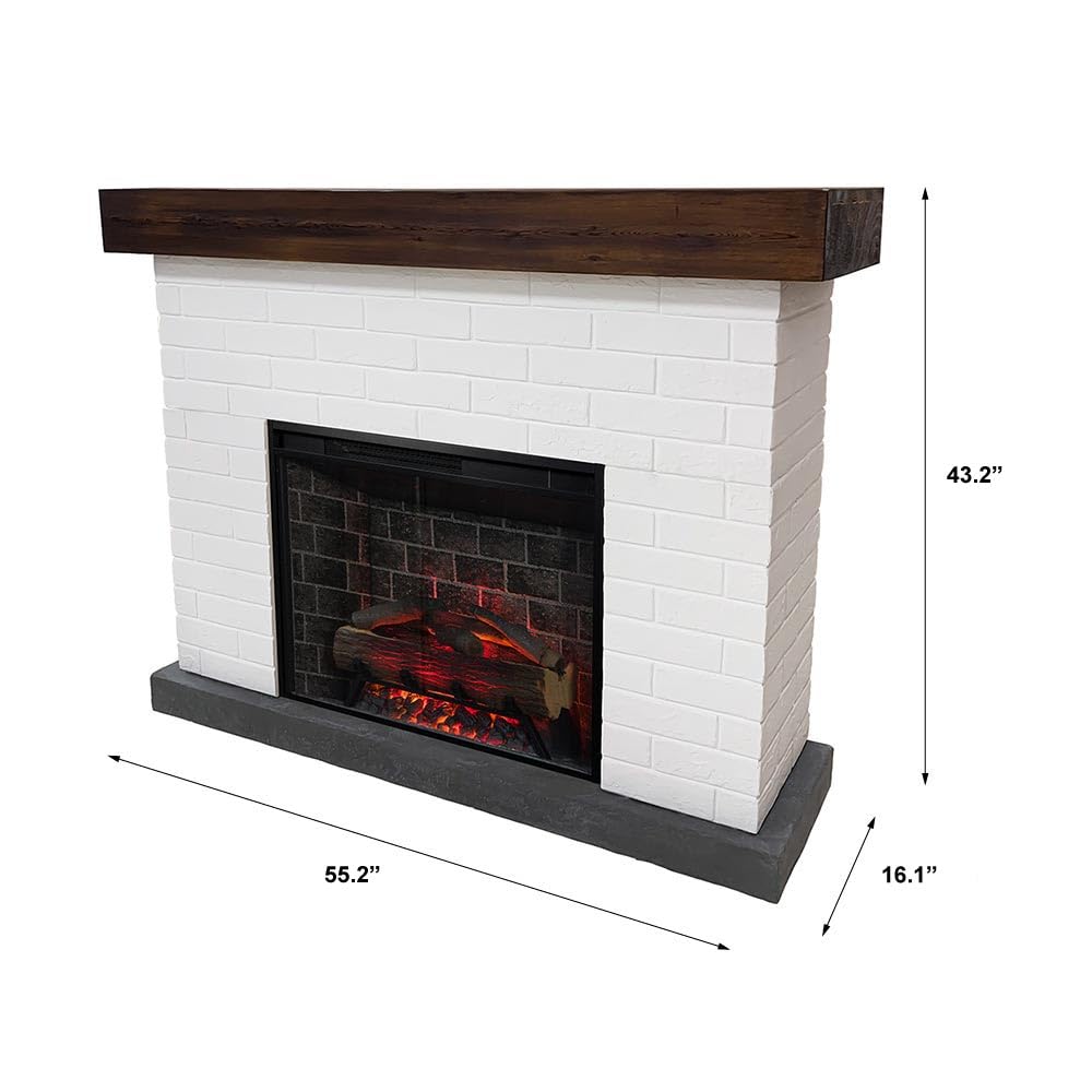 Country Living Jackson 55 Inch Mantel Package | Wood Mantel with White Brick Surround | 28 Inch Smart Electric Fireplace Insert w/Remote | Alexa & Google Compatible | Multi-Color LED Flames | 1500W Country Living