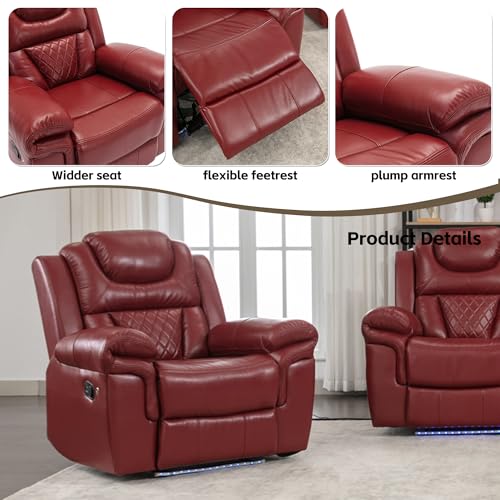 Olodumare Leather Recliner Chair with Adjustable Backrest, Modern Home Theater Seating with LED Light Strip for Living Room, Bedroom, Home Theater, RV(Wine Red)