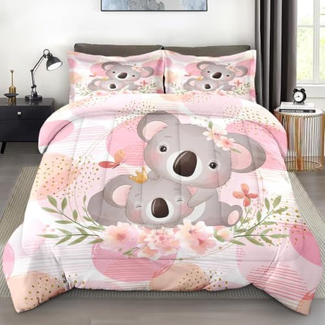Pamnest Comforter Set Queen Size, Cute Koala Bear 3 Pcs Soft Bedding Set for Kids and Adults, Floral Animal Flower Comforter Set with 2 Pillowcases, for Bedroom Bed Decor Pamnest