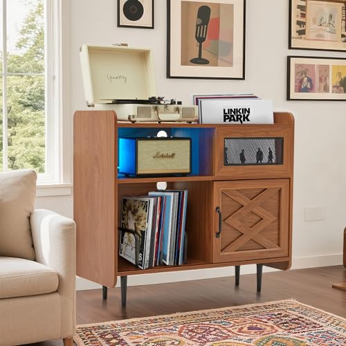Citybay Vinyl Record Player Stand with Charging Station & RGB Lights,Holds up to 350 Albums, Solid Wood Cabinet with Metal Legs for Turntable, Living Room Citybay