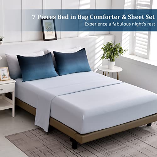 Anibedding Blue Comforter Set Queen - 7 Pieces Ombre Blue White Microfiber Bedding Set - All Season Down Alternative Light Ocean Sea Abstract Bed in a Bag for All Season (90" x90") Anibedding