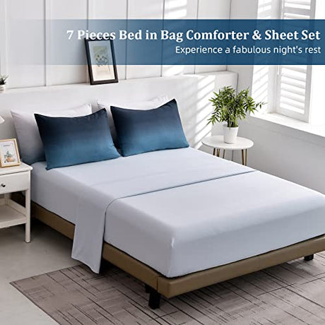 Anibedding Blue Comforter Set Queen - 7 Pieces Ombre Blue White Microfiber Bedding Set - All Season Down Alternative Light Ocean Sea Abstract Bed in a Bag for All Season (90" x90") Anibedding