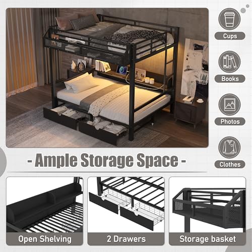 Bellemave Full Over Full Bunk Beds with Storage Shelves & Drawers, Metal Bunk Bed Full Over Full with Charging Station & LED Lights, Space Saving Bed Frame Convertible to Sofa Design, Black Bellemave