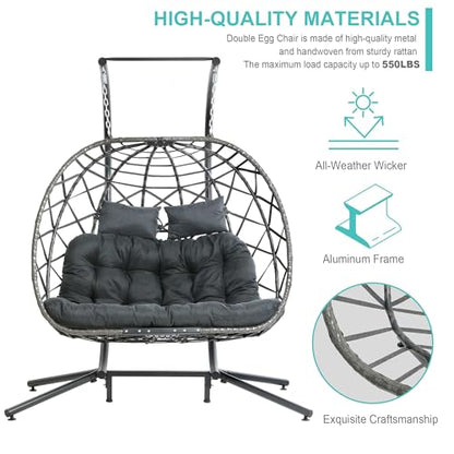 SWITTE Double Egg Swing Chair with Stand, 2 Person Outdoor Indoor Hammock Hanging Chair with Cushion for Patio Living Room 550 LBS Capacity-Dark Grey - WoodArtSupply