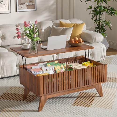 Lift Top Coffee Tables with Hidden Compartment, Mid Century Modern Coffee Table for Living Room, Fluted Design Farmhouse Center Table with Storage (Walnut) - WoodArtSupply