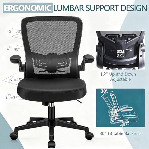 KLASIKA Desk Chairs with Wheels, Ergonomic Mesh Office Chair Adjustable Height and Swivel Lumbar Support Home Office Chair with Flip Up Armrests (8PK) KLASIKA