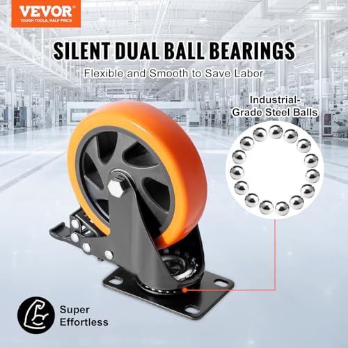 VEVOR Caster Wheels, 5-inch Swivel Plate Casters, Set of 4, with Security A/B Locking No Noise PVC Wheels, Heavy Duty 1800 lbs Load Capacity, Non-Marking Wheels for Cart Furniture Workbench VEVOR