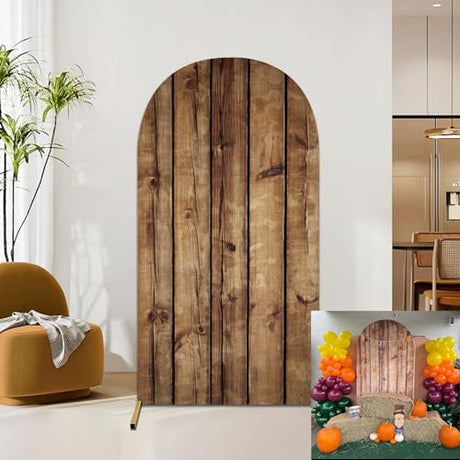 JASREE 6.6FT Rustic Wood Arch Cover Spandex Fitted Wedding Arch Stand Backdrop Covers 2-Sided Round Top Chiara Arch Backdrop Cover for Birthday Party Baby Shower Banquet Decor(3.3x6.6ft,No Frame) JASREE