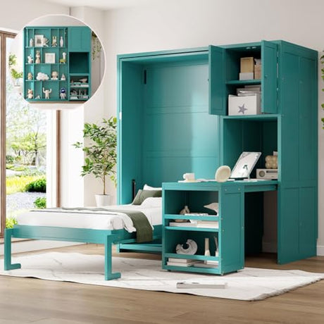 KALALLA Twin Size Rotating Wall Murphy Bed with Bookshelf, Top Cabinet, Horizontal Murphy Bed Frame with Extendable Desk & Side Storage, Space Saving, Boys Girls Kids Adults, Teal KALALLA