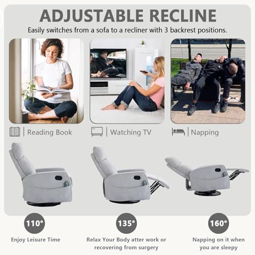HRVEOCEI Small Recliners for Small Spaces, Manual White Recliner Rocking Chair for Nursery, Velvet Swivel Glider Recliner with Heat and Massage, Side Pockets, Living Room Bedroom (Light Grey)