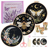 Uniartfy 3 Sets Butterfly Bee Moon Embroidery Kits for Beginners, DIY Cross Stitch Starter Craft Kit for Adults, Needlepoint Kits Including Cloth with Flower Plant Pattern, Hoop, Tools, Instructions