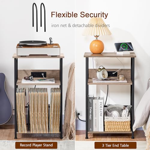 AMHANCIBLE Record Player Stand with Charging Station, Turntable Stand with Storage Cabinet, 3 Tier End Table Hold Up to 100 Albums, Record Stand for Vinyl, Living Room, Greige, HETCD01GY-1 AMHANCIBLE