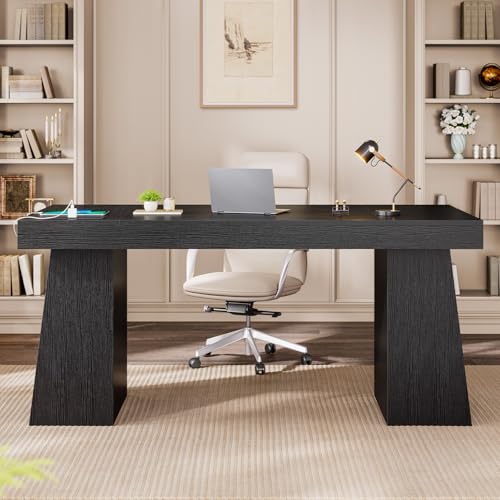 UPOSOJA 55.9 in Executive Desk with Power Outlets, Modern Home Office Desk with Storage Cabinet, Wood Computer Desk Business Workstation Desk Conference Table, Black (Storage Cabinet) UPOSOJA