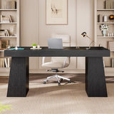 UPOSOJA 55.9 in Executive Desk with Power Outlets, Modern Home Office Desk with Storage Cabinet, Wood Computer Desk Business Workstation Desk Conference Table, Black (Storage Cabinet) UPOSOJA