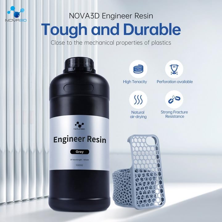 NOVA3D Engineering Resin, ABS-Like Resin 3D Printer Resin High Precision,Non-Brittle, Tappable,Low Shrink,Photopolymer 405nm Fast Curing,for Detailed Model Functional Parts LCD 3D Printer 1000g White NOVA3D