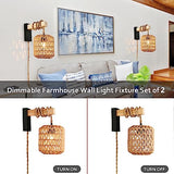 Capslad Plug in Wall Sconces Set of Two Dimmable Boho Rattan Wall Lamp with Wood Arm Rustic Wall Mount Lamp with Hemp Rope Cord Farmhouse Wall Light Fixture for Bedroom Living Room Hallway Entryway Capslpad