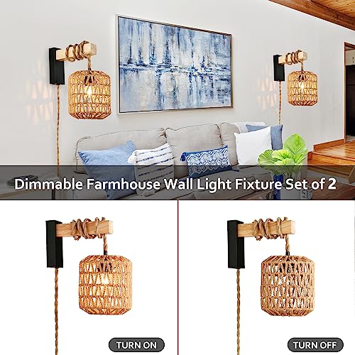 Capslad Plug in Wall Sconces Set of Two Dimmable Boho Rattan Wall Lamp with Wood Arm Rustic Wall Mount Lamp with Hemp Rope Cord Farmhouse Wall Light Fixture for Bedroom Living Room Hallway En - WoodArtSupply