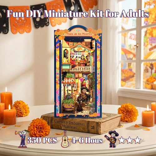 Fsolis Book Nook Kit Día De Muertos - 3D Wooden Puzzles for Adults DIY Miniature House Bookshelf Decor Decorative Bookends Gifts for Women Book Lovers (Plaza de Los Muertos)