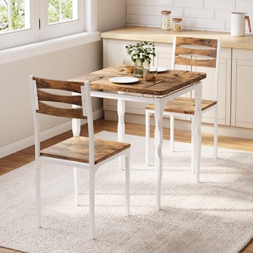 GarveeHome Dining Table Set for 2, Dining Table and Chairs Set of 2, 3 Piece Dining Table Set with Spiral Table Legs for Small Spaces, Kitchen, Apartment, White Brown GarveeHome