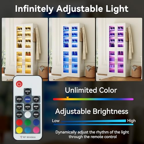 LITTLE TREE Stylish 8-Tier Vertical Shoe Rack with Built-in LED Lighting, Doors for Dust Protection, and Convenient External Hooks, Shoe Cabinet for Entryway, Living Room, Bedroom, White LITTLE TREE