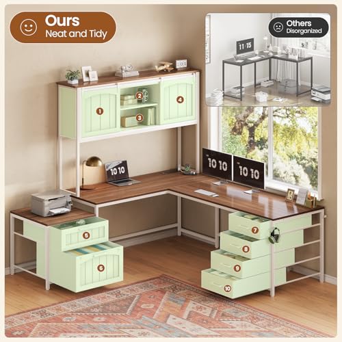 SEDETA Farmhouse L Shaped Office Desk with 6 Drawer, Reversible Computer Desk with Power Outlet, Hutch for Home Office/Two Person, Corner Desk with File Drawer & Printer Storage Shelves, White SEDETA