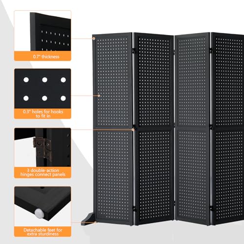 Bonnlo 4/6 Panel Pegboard Freestanding, 5 FT Portable Display Board Organizer for Craft Show Jewelry, Wooden Folding Privacy Screen Room Divider (Black, 6 Panel with Base) Bonnlo