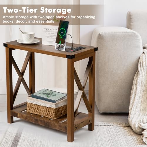 Hadulcet Farmhouse End Table Set of 2, Narrow Side Table with Charging Station, Slim Bedside Table for Small Space, Nightstand Sofa Table with Storage Shelf, Rustic Brown - WoodArtSupply