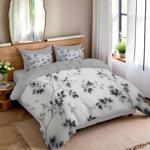 WIVCOMD Twin Duvet Cover Set - Leaves and Vines Soft Microfibre Bedding - Minimalist Ink Painting Bedding Quilt Cover Set with Pillow Cases, Black WIVCOMD