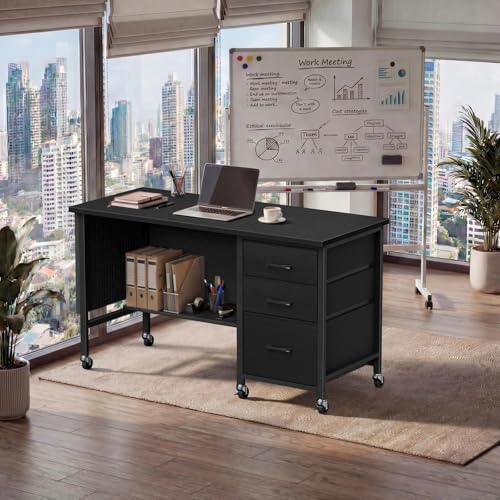 Rolling Teacher Desk with File Drawer & Privacy Panel, 47" Mobile Computer Desk with 3 Storage Drawers on Wheels, Modern Office Desks with File Cabinet for Classroom & Home Office, Black WINAZ