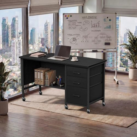 Rolling Teacher Desk with File Drawer & Privacy Panel, 47" Mobile Computer Desk with 3 Storage Drawers on Wheels, Modern Office Desks with File Cabinet for Classroom & Home Office, Black WINAZ