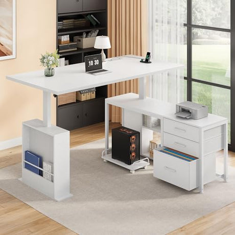 Homiflex 63" L Shaped Standing Desk with 3 Drawers Electric Adjustable Height Desk Corner Standing Desk with Storage Computer Game Desk with Power Outlets Computer Tower Stand for Home Office, White Homiflex