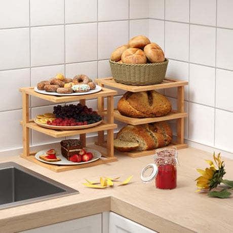 Danfoxer 2 Pack Bamboo Corner Shelf,3 Tier Kitchen Cabinet Organizer for Plates and Dishes,Pantry Storage and Spice Rack（Natural） Danfoxer