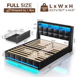 Rolanstar Full Size Bed Frame with LED Lights and Charging Station, PU Leather Bed Storage Headboard & Drawers, Heavy Duty Wood Slats, Easy Assembly, Black Rolanstar