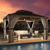 UDPATIO 10' x 12' Hardtop Gazebo, Wood Grain Finish Aluminum Frame Outdoor Gazebo with Galvanized Steel Double Roof, Metal Gazebo Canopy with Curtain and Netting for Garden, Patio and Deck, Grey UDPATIO