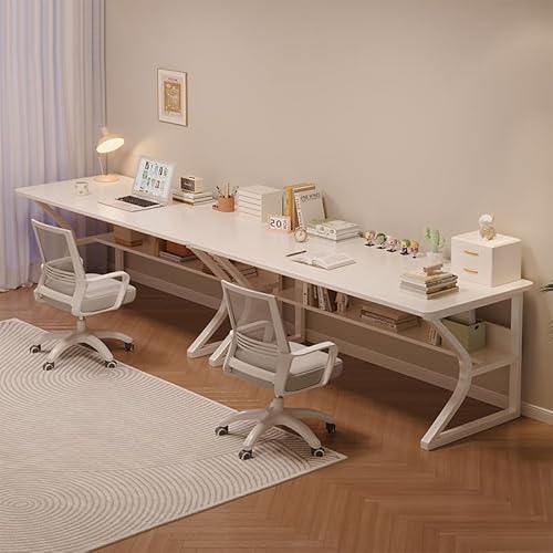 OSCHF Extra Long Desk with Bookshelf - 63" Double Long Writing Table for 2-Person Workstation, Modern Study Work Computer Desk for Home and Office, Warm White OSCHF