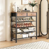 Kitstorack Shoe Rack, 5 Tier Shoe Organizer for 12-16 Pairs of Shoes, with 2 Drawers, 3 Fabric Shelves and Wooden Top, Shoe Rack for Closet Entryway, Rustic Brown Kitstorack