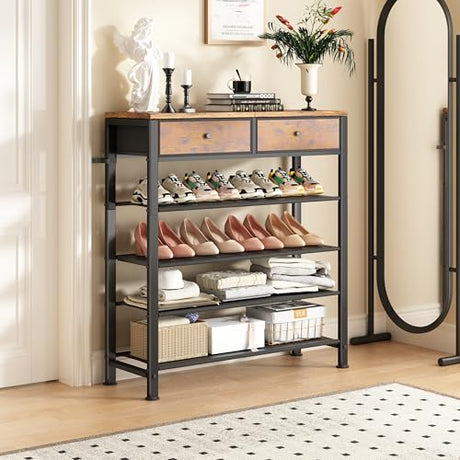 Kitstorack Shoe Rack, 5 Tier Shoe Organizer for 12-16 Pairs of Shoes, with 2 Drawers, 3 Fabric Shelves and Wooden Top, Shoe Rack for Closet Entryway, Rustic Brown Kitstorack