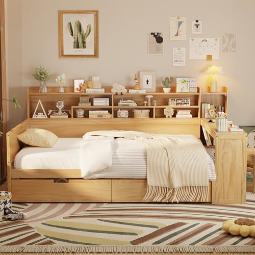 Bellemave Full Corner Bed Frame with Storage Shelves and Desk, Wood Full Size Daybed with Bookcase and Drawers, Natural Bellemave