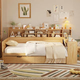 Bellemave Full Corner Bed Frame with Storage Shelves and Desk, Wood Full Size Daybed with Bookcase and Drawers, Natural Bellemave