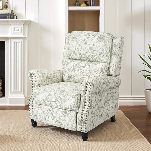 Pushback Recliner Chair, Comfy Fabric Wingback Recliner Chair, Upholstered Armchair Push Back Recliner with Wood Legs, Rivet Trim Single Sofa Accent Chair for Living Room, Bedroom, Rococo Green